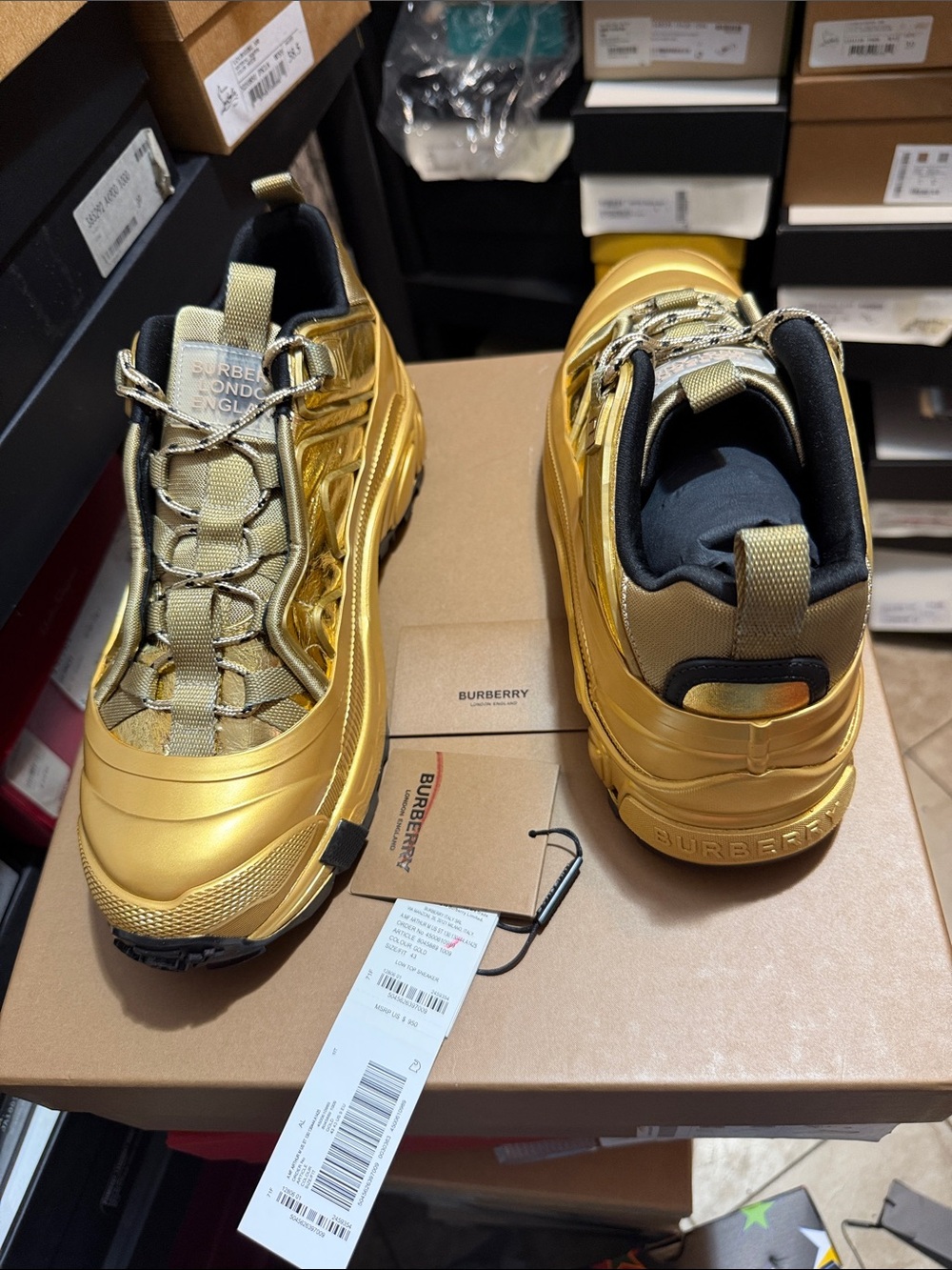 Burberry Men’s Gold Chunky Low-Top Sneakers